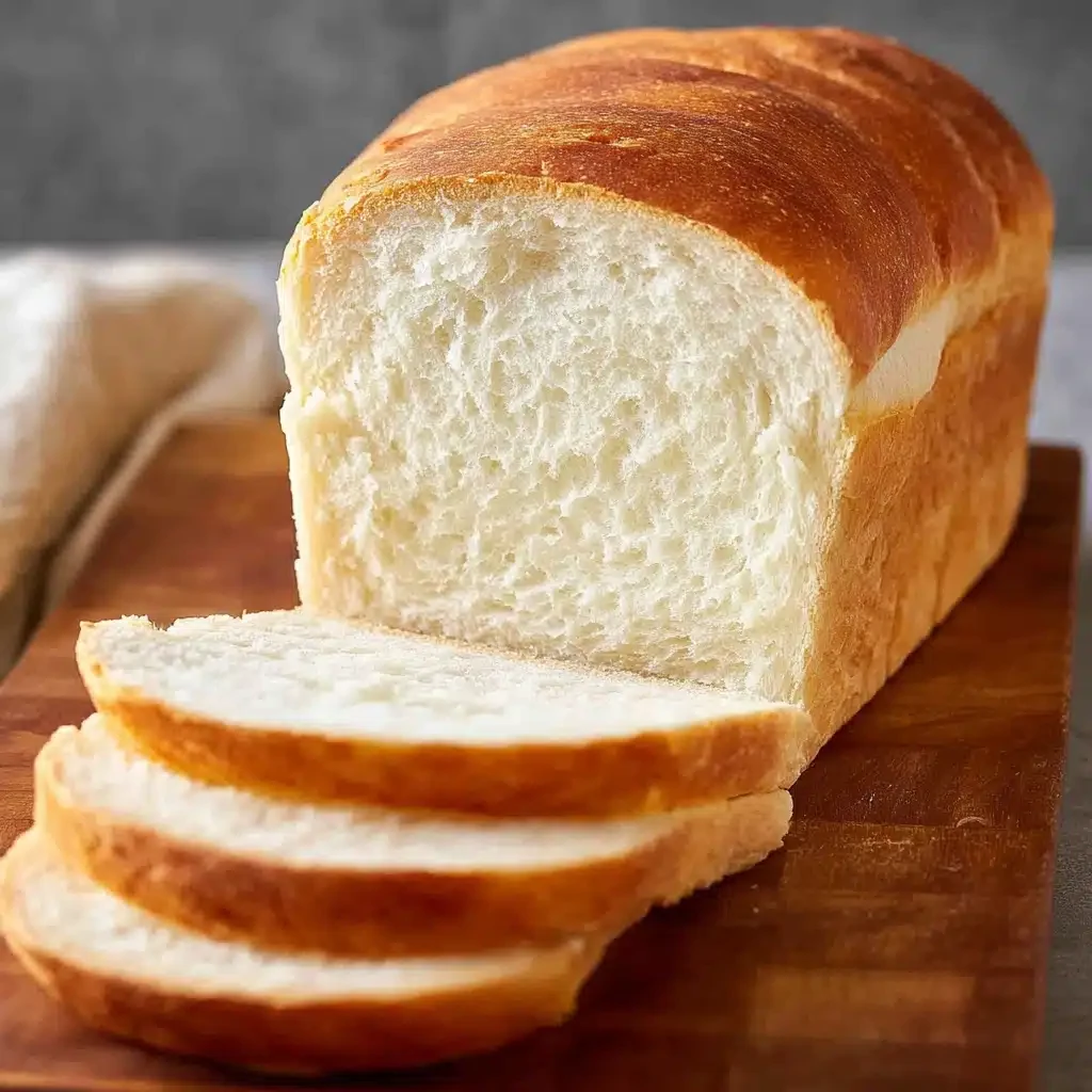 A golden white bread loaf with several slices