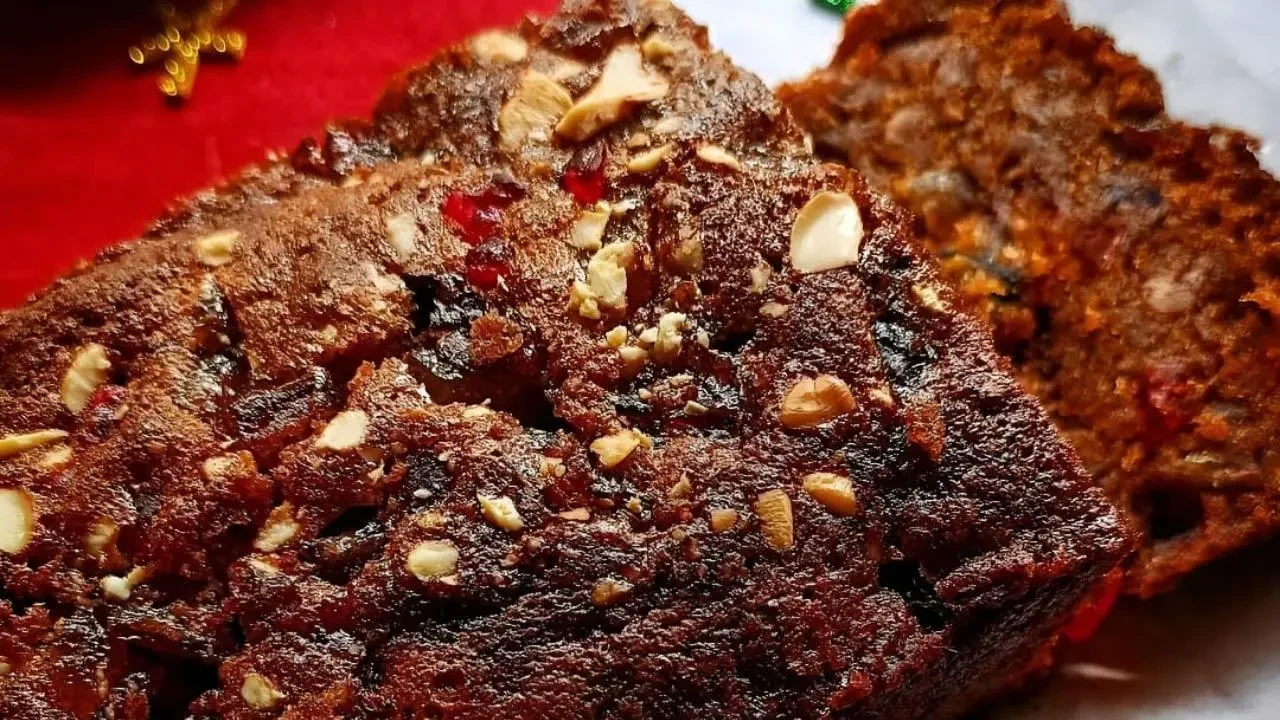 A close-up of slices of plum cake
